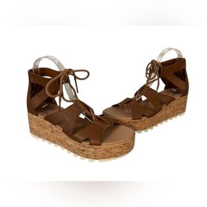 SOREL Cameron Flat Form Lace Wedge Cork Sandals Brown Womens 8 Excellent Shape